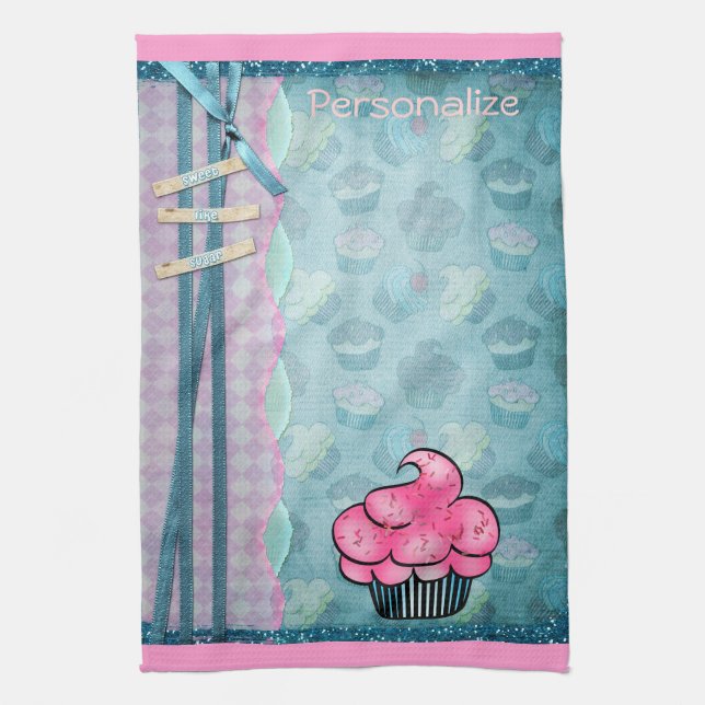 Kitchen Towel Cute Pink Cupcake Personalized (Vertical)