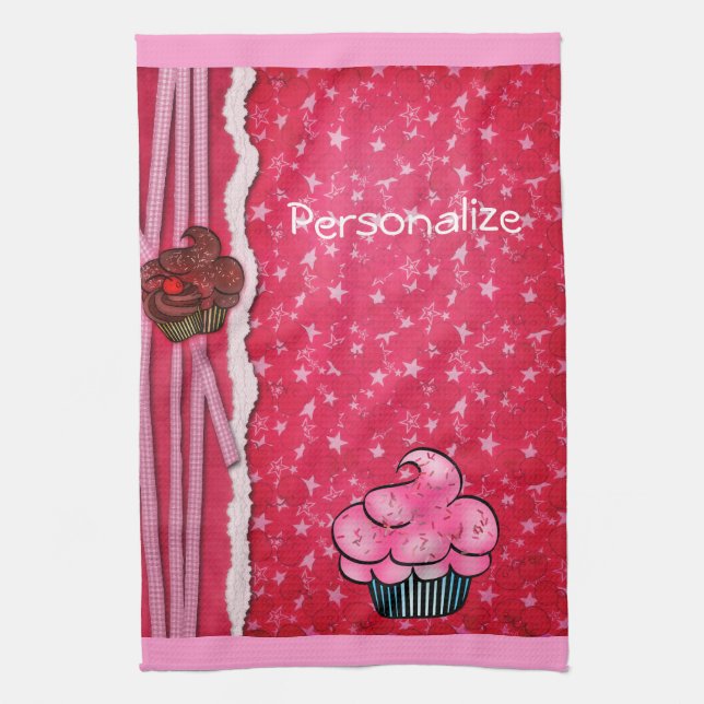 Kitchen Towel Cute Pink Cupcake Personalized (Vertical)