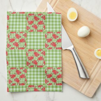 Kitchen Towel: Cute Red Dragons on Green Gingham Towel