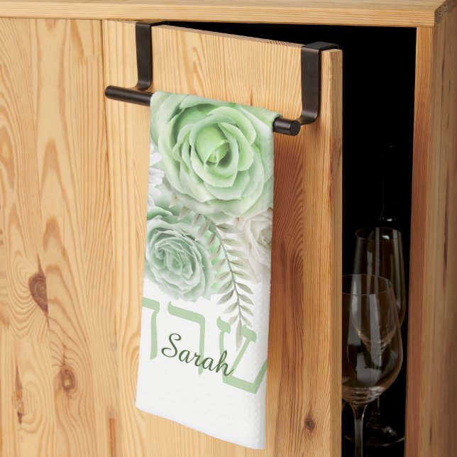 Kitchen Towel Green Roses and White Daisies (Thirds Fold)