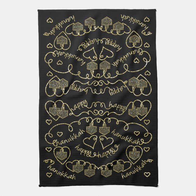 Kitchen Towel "Hanukkah Gold Hearts/Dreidels" (Vertical)