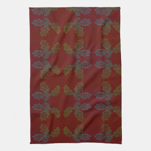 Kitchen Towel Holly Allover Print red background (Vertical)
