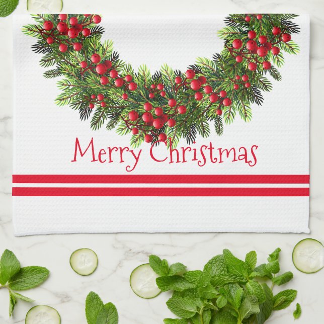 Kitchen Towel-Merry Christmas Berry Wreath Kitchen Towel (Folded)
