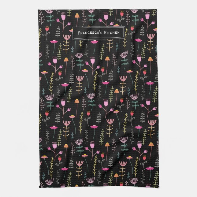 Kitchen towel - Neon Wildflowers, custom monogram (Vertical)