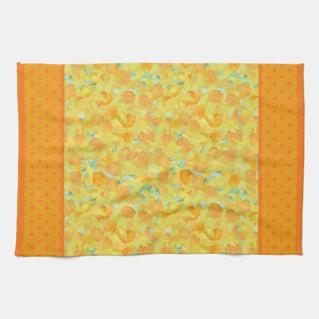Kitchen Towel or Tea Towel, Daffodils, Polka Dots (Horizontal)