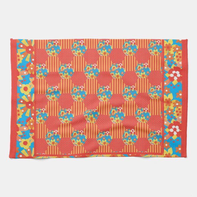 Kitchen Towel or Tea Towel, Orange, Blue Patchwork (Horizontal)