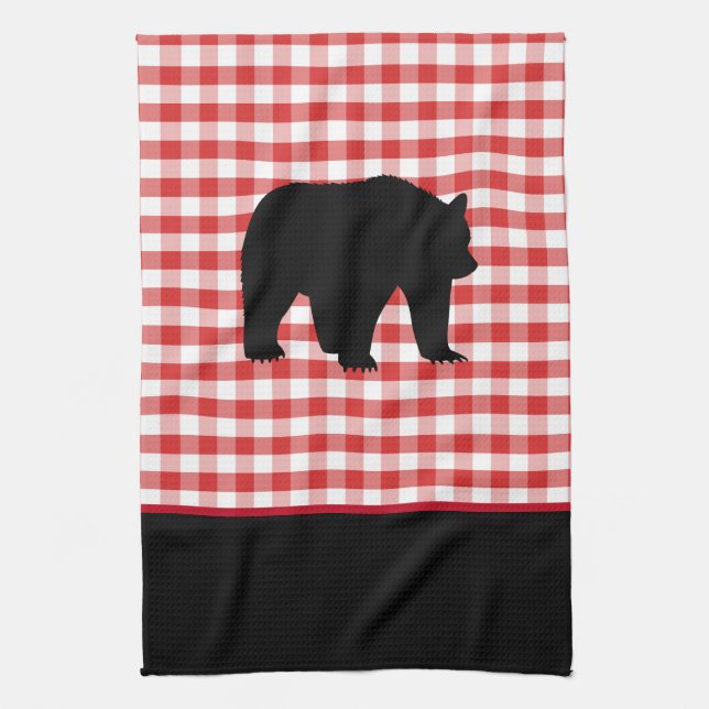Kitchen Towel-Red Plaid-Bear Kitchen Towel (Vertical)