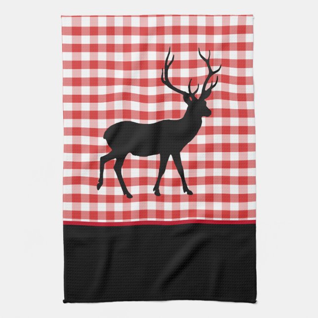 Kitchen Towel-Red Plaid-Deer Kitchen Towel (Vertical)