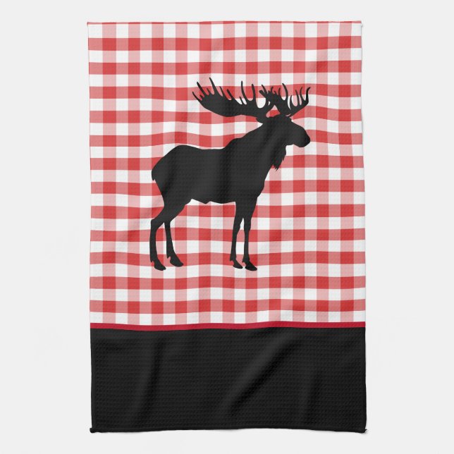 Kitchen Towel-Red Plaid-Moose Towel (Vertical)