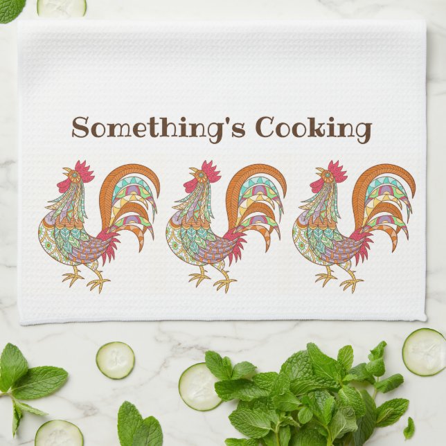 Kitchen Towel-Rooster Something's Cooking Kitchen Towel (Folded)