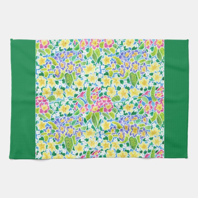 Kitchen Towel, Spring Primroses, Forest Green Towel (Horizontal)