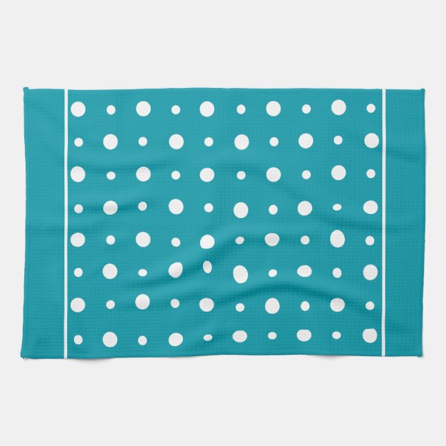 Kitchen Towel, Tea Towel Polka Dots, White on Teal (Horizontal)