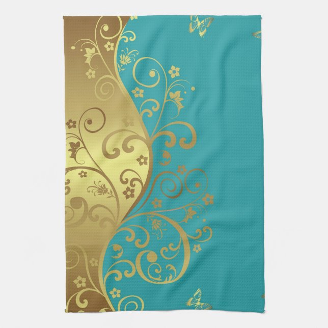 Kitchen Towel--Teal & Gold Swirls Towel (Vertical)