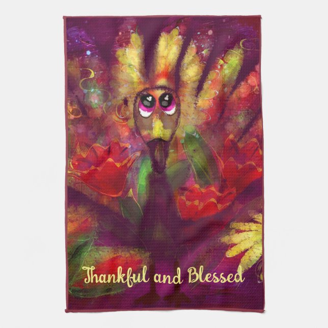 Kitchen Towel Thankful Blessed Whimsical Turkey (Vertical)