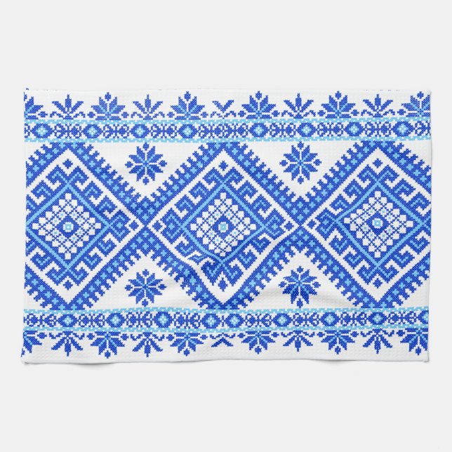 Kitchen Towel Ukrainian Cross Stitch Print Blue (Horizontal)