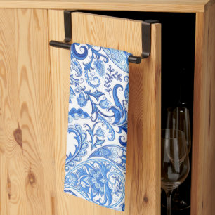 Kitchen Towel With Blue White Paisley Art Pattern