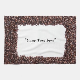 kitchen towel with coffee beans and text box