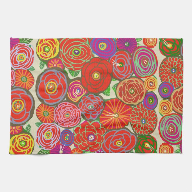 Kitchen Towel with Read Flowers (Horizontal)