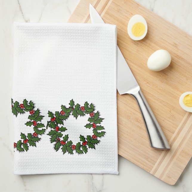 Kitchen Towel - Wreaths of Holly Leaves  (Quarter Fold)