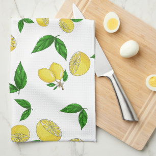 Kitchen Towels with juicy lemons and green leaves