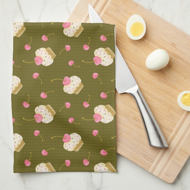 Kitchen Towers with a cherry cake. Kitchen Towel (Quarter Fold)