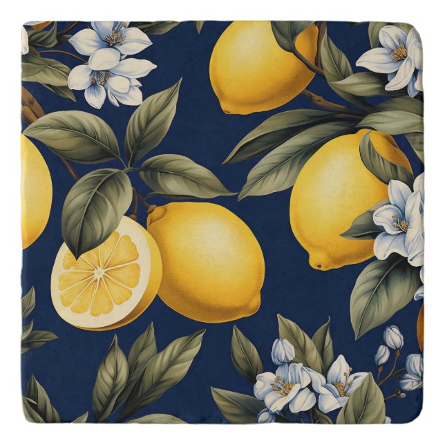 Kitchen Trivet | Mediterranean Lemons on Navy  (Front)