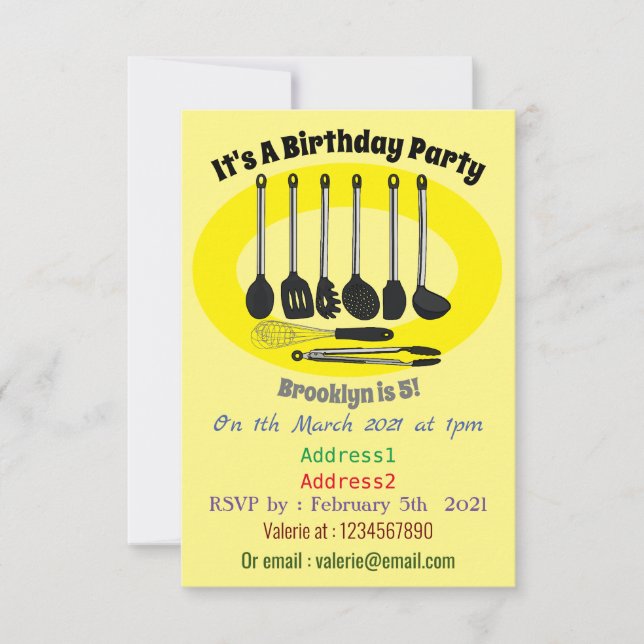 Kitchen utensil cartoon illustration invitation (Front)