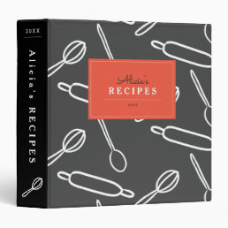Kitchen Utensil Pattern Black &amp; Red Recipe Binder