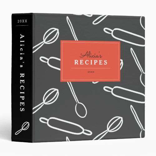 Kitchen Utensil Pattern Black  Red Recipe Binder