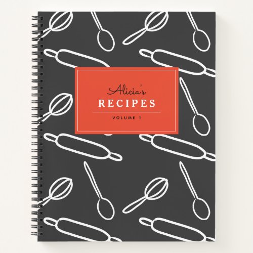 Kitchen Utensil Pattern Black  White Recipe Notebook