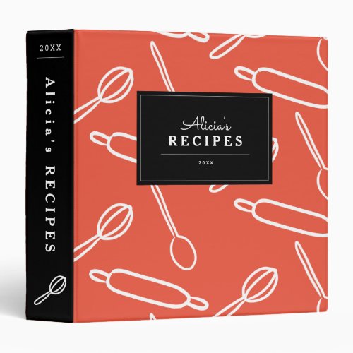 Kitchen Utensil Pattern Red  Black Recipe 3 Ring Binder