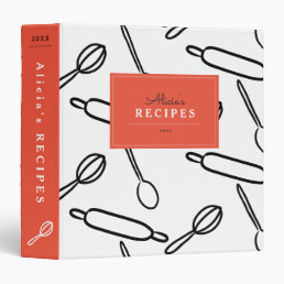 Kitchen Utensil Pattern White &amp; Red Recipe Binder