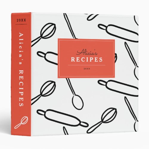 Kitchen Utensil Pattern White  Red Recipe Binder