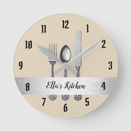 Kitchen Utensil Silver Belt Round Clock