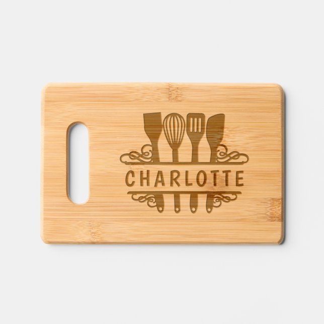Kitchen Utensils Baking Cooking Personalized Name Engraved Cutting Board (Front)