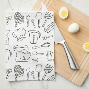 Kitchen Utensils Black and White Doodle Pattern Kitchen Towel
