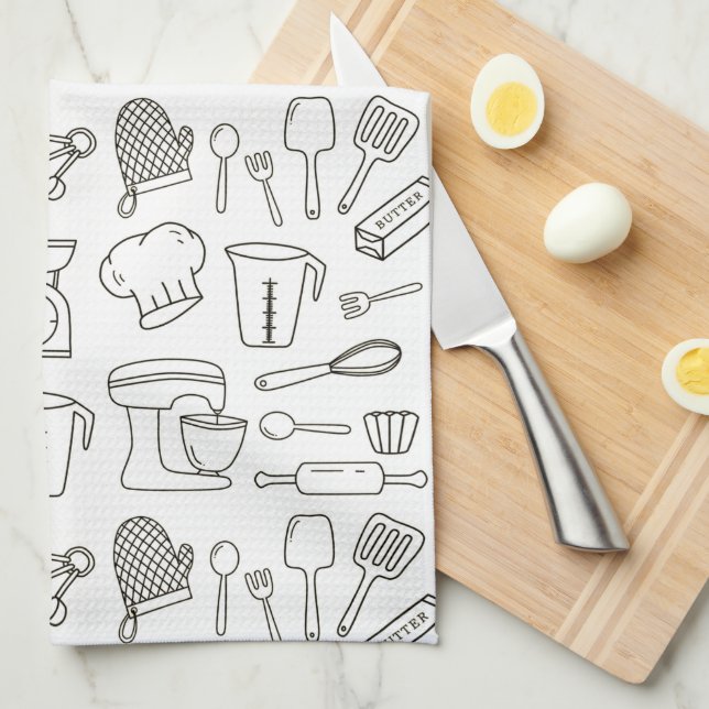 Kitchen Utensils Black and White Doodle Pattern Kitchen Towel (Quarter Fold)
