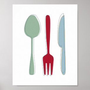 Kitchen Utensils Colorful Silhouettes Mid-century Poster