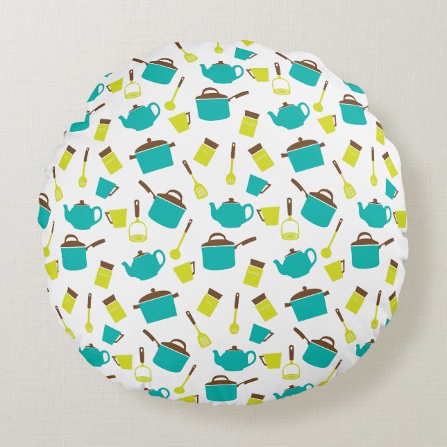 Kitchen Utensils, Cookware, Cutlery, Kitchenware Round Pillow (Front)