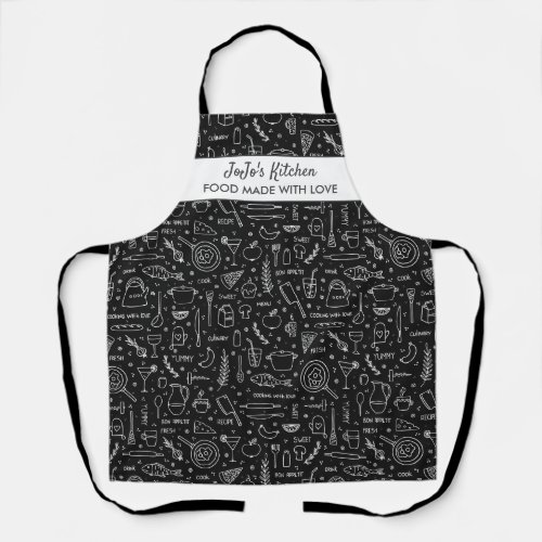 Kitchen Utensils Food Pattern Custom Name Black Apron