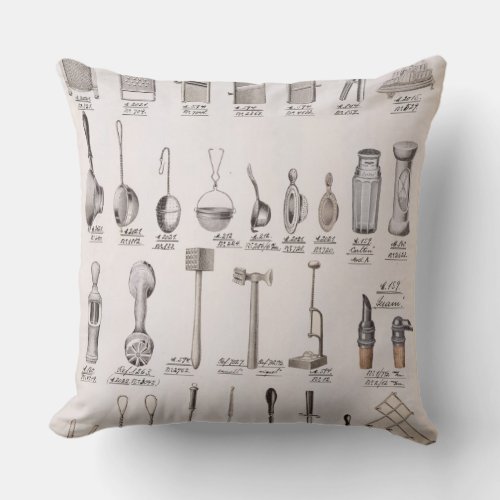 Kitchen utensils from a trade catalogue of domest throw pillow