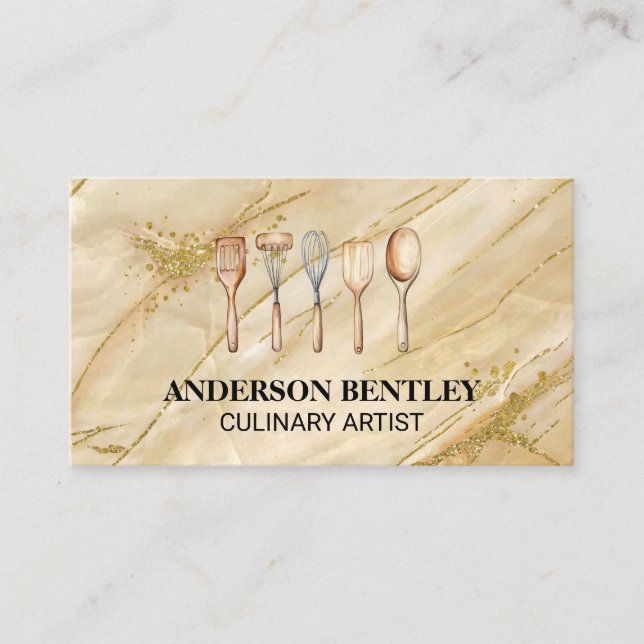 Kitchen Utensils | Golden Marble Background Business Card (Front)