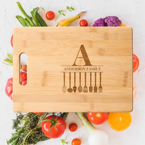 Kitchen Utensils Initial Family Name Cutting Board