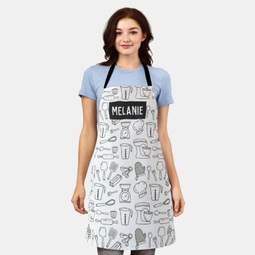 Kitchen Utensils Line Doodle Pattern Personalised Apron