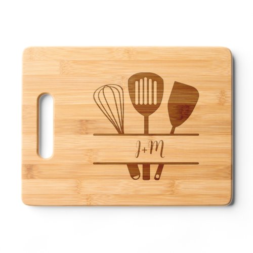 Kitchen utensils monogram couple initials wedding cutting board