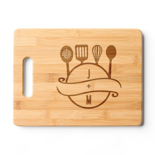 Kitchen utensils monogram couple initials wedding cutting board