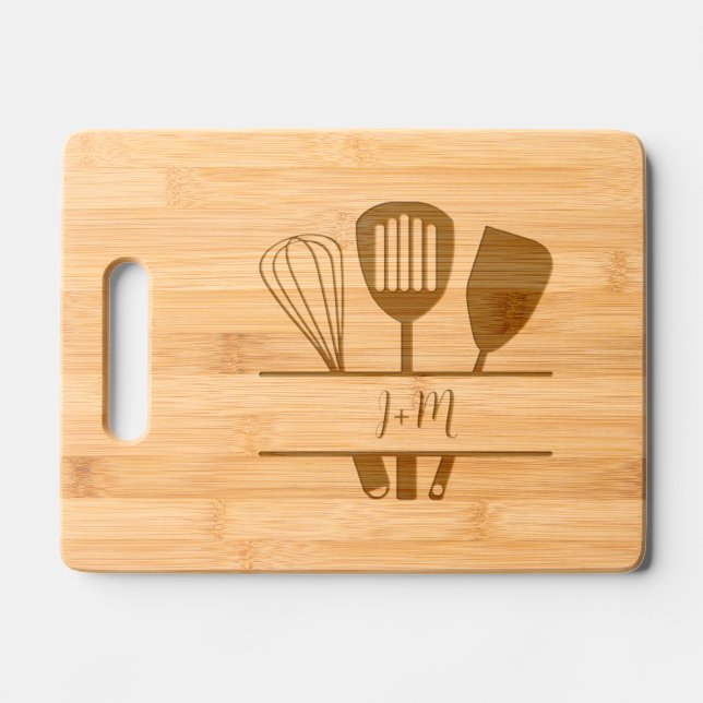 Kitchen utensils monogram couple initials wedding engraved cutting board (Front)