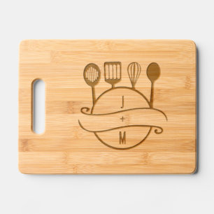 Kitchen utensils monogram couple initials wedding engraved cutting board