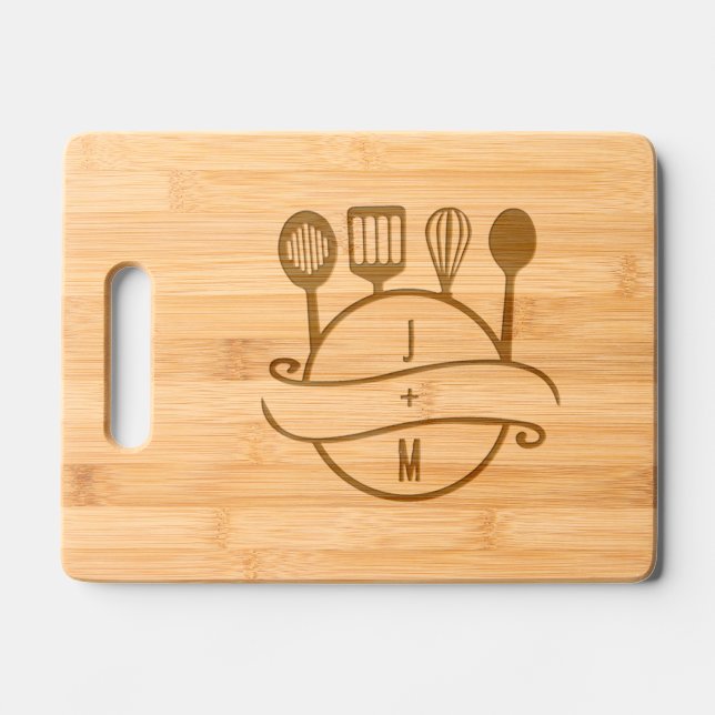 Kitchen utensils monogram couple initials wedding engraved cutting board (Front)