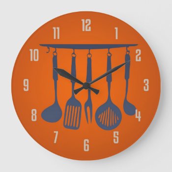 Kitchen Utensils Orange Kitchen Clock by NeatoCards at Zazzle